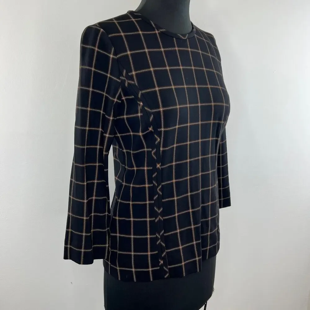 Carlisle Collection Black Brown Window Pane Check Long Sleeve Fitted Blouse Sz 2